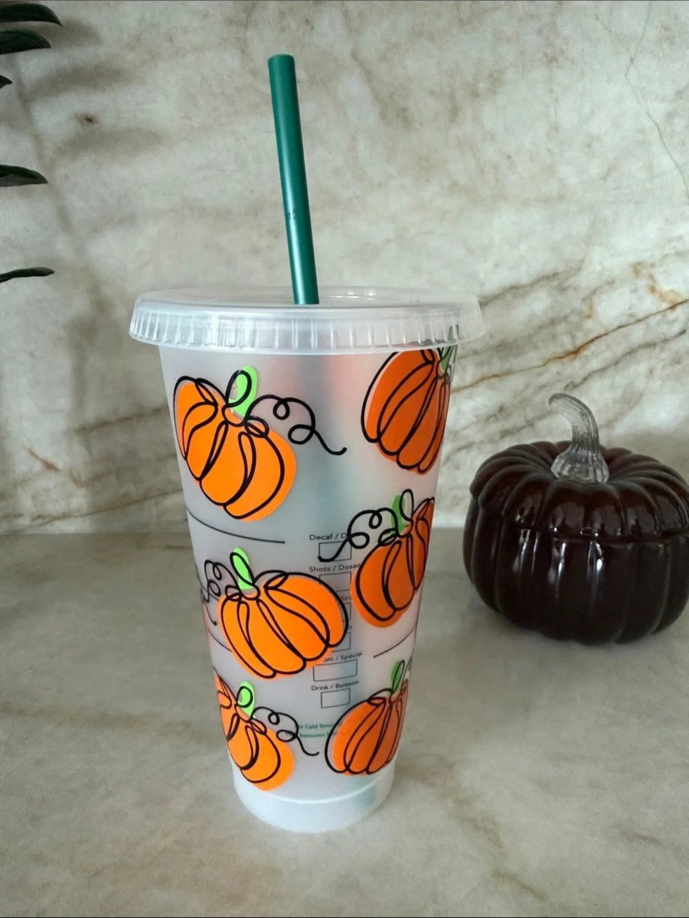 Starbucks Orange Pumpkin Decals Print Cup with Green Straw